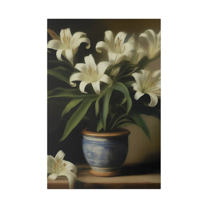 White Lily in Blue Vase Canvas Print – Elegant Botanical Wall Art for Classic Home Decor
