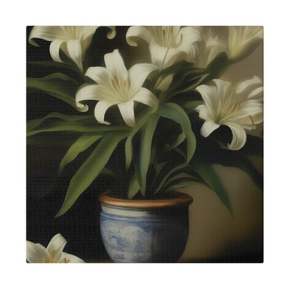 White Lily in Blue Vase Canvas Print – Elegant Botanical Wall Art for Classic Home Decor