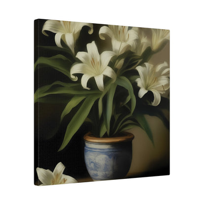 White Lily in Blue Vase Canvas Print – Elegant Botanical Wall Art for Classic Home Decor