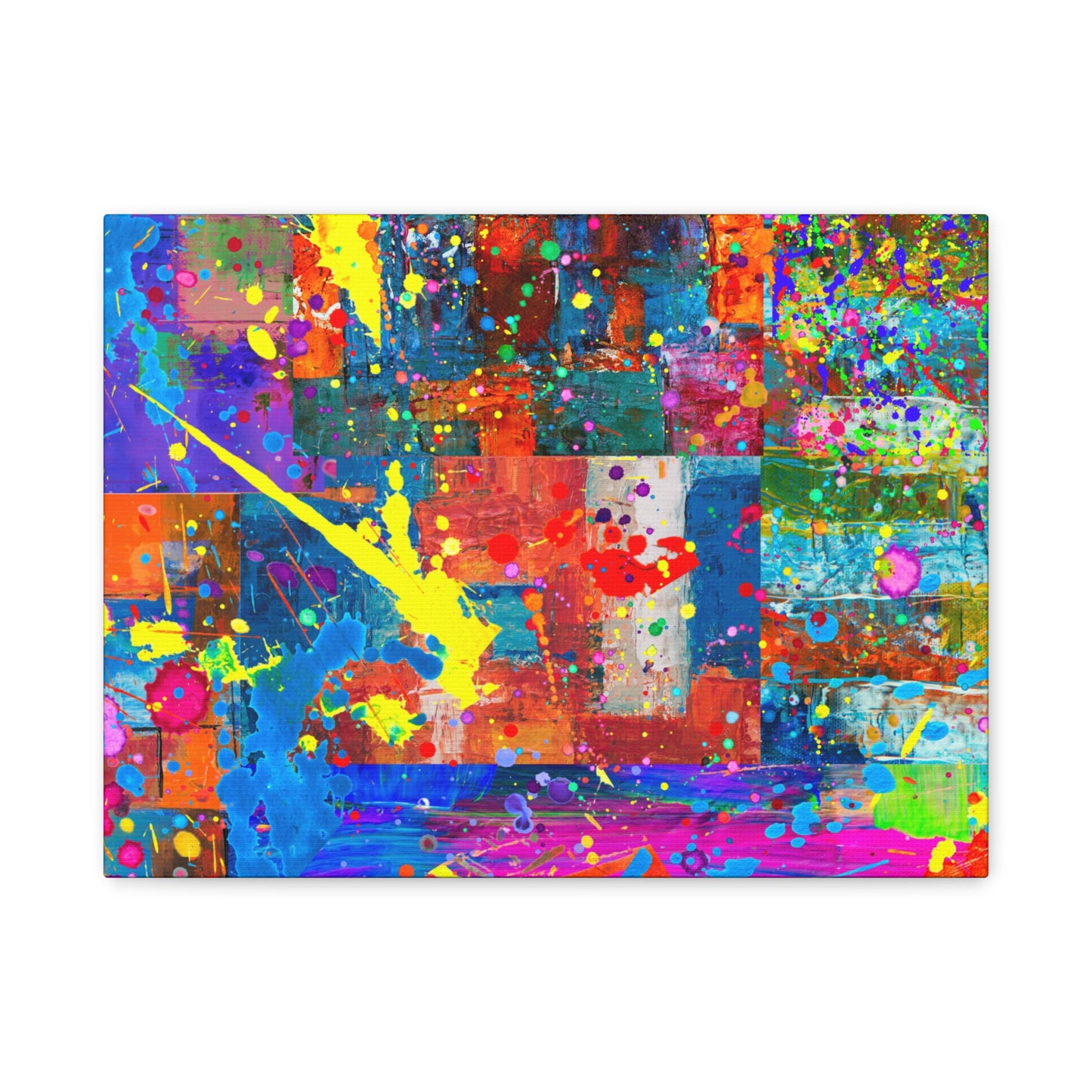 Neon Chaos Canvas Print – Abstract Patchwork Splatter Art with Bold Brushstrokes & Vivid Color Bursts