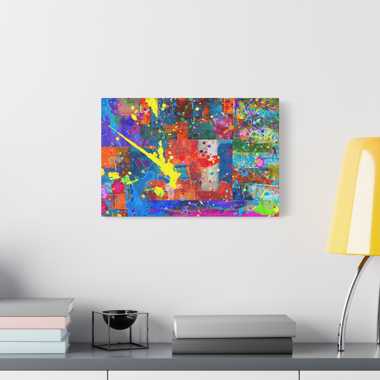 Neon Chaos Canvas Print – Abstract Patchwork Splatter Art with Bold Brushstrokes & Vivid Color Bursts