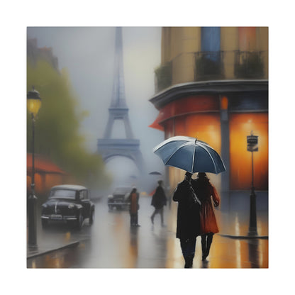 Paris Rainy Street Canvas Print – Romantic Eiffel Tower Wall Art with Umbrella Stroll Scene