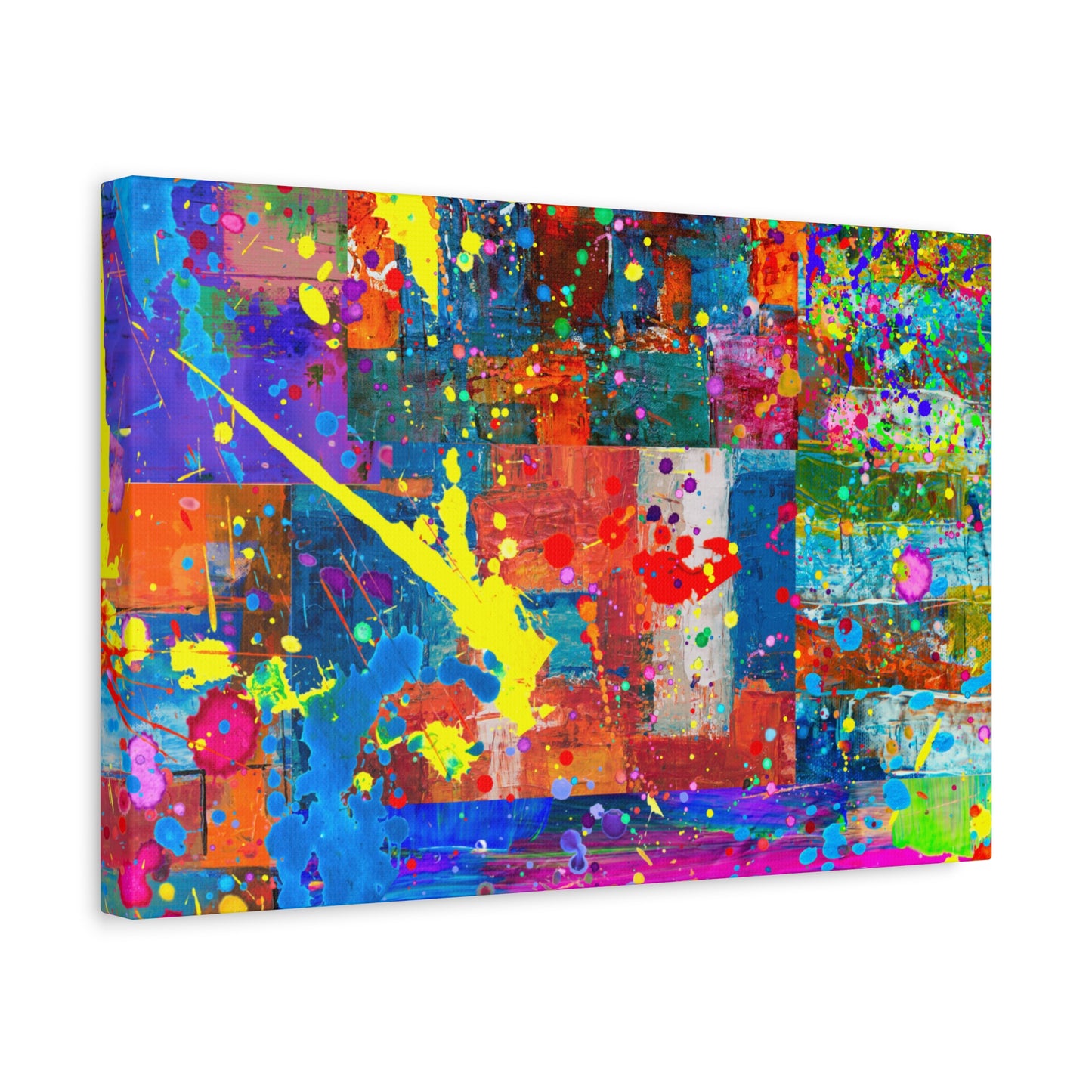 Neon Chaos Canvas Print – Abstract Patchwork Splatter Art with Bold Brushstrokes & Vivid Color Bursts