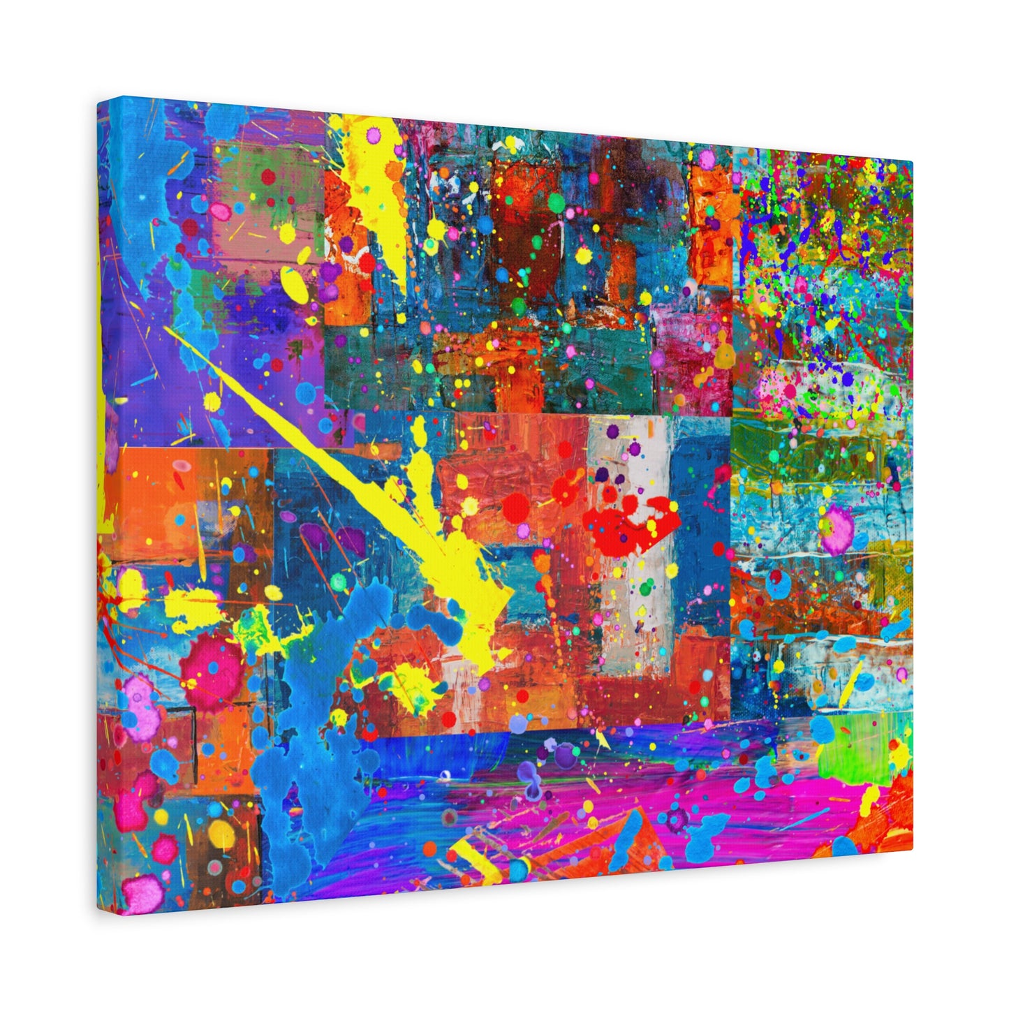 Neon Chaos Canvas Print – Abstract Patchwork Splatter Art with Bold Brushstrokes & Vivid Color Bursts