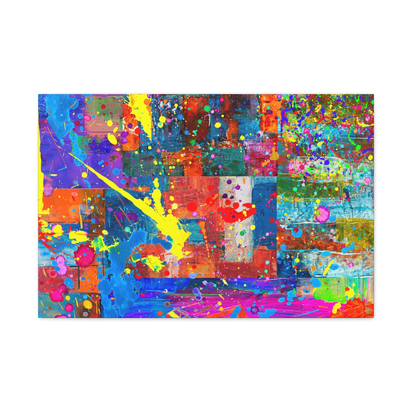 Neon Chaos Canvas Print – Abstract Patchwork Splatter Art with Bold Brushstrokes & Vivid Color Bursts