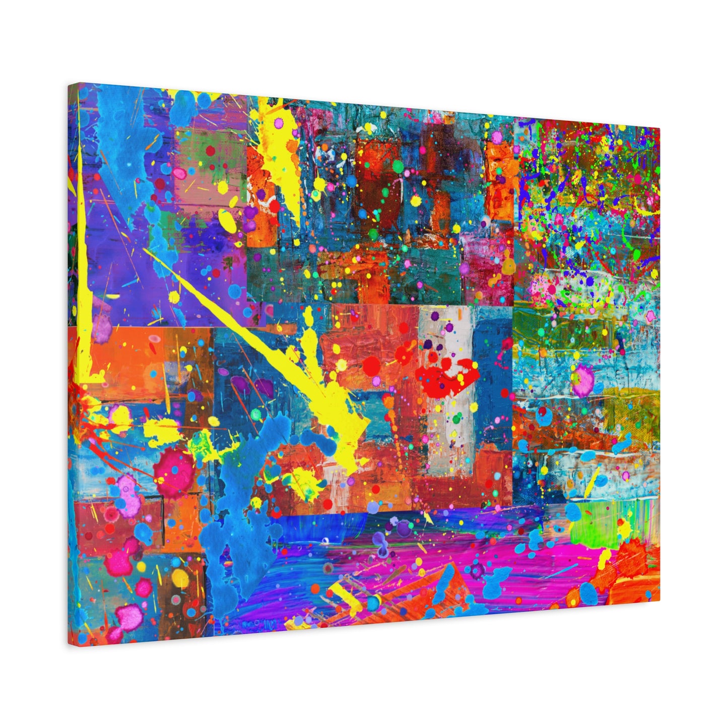 Neon Chaos Canvas Print – Abstract Patchwork Splatter Art with Bold Brushstrokes & Vivid Color Bursts