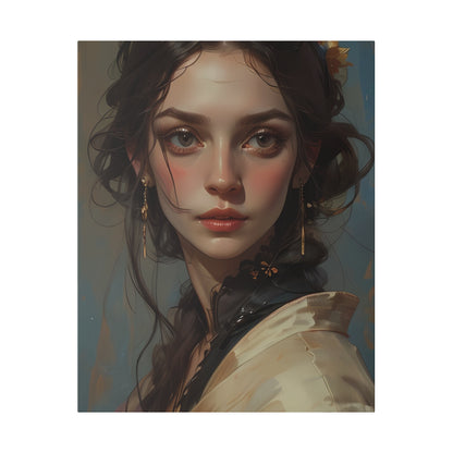 The Canvas Print | Classical Women Headshot Painting by Printify features a digital portrait of a young woman with braided dark hair, gold earrings, and expressive eyes, printed on eco-friendly canvas for elegant decor.