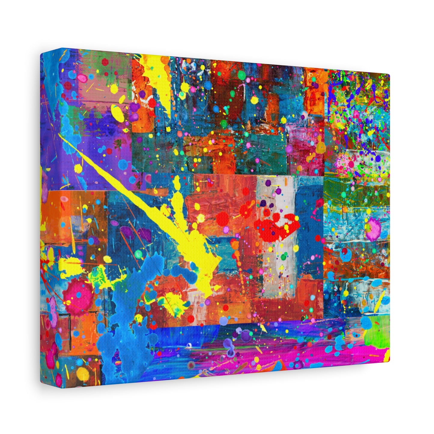 Neon Chaos Canvas Print – Abstract Patchwork Splatter Art with Bold Brushstrokes & Vivid Color Bursts