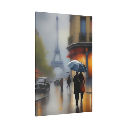 Paris Rainy Street Canvas Print – Romantic Eiffel Tower Wall Art with Umbrella Stroll Scene