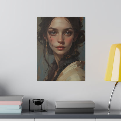 The Canvas Print | Classical Women Headshot Painting by Printify, featuring a young woman with long dark hair, hangs above a modern desk with stacked books, a black cup, and a yellow lamp.