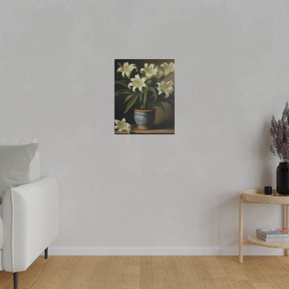 White Lily in Blue Vase Canvas Print – Elegant Botanical Wall Art for Classic Home Decor