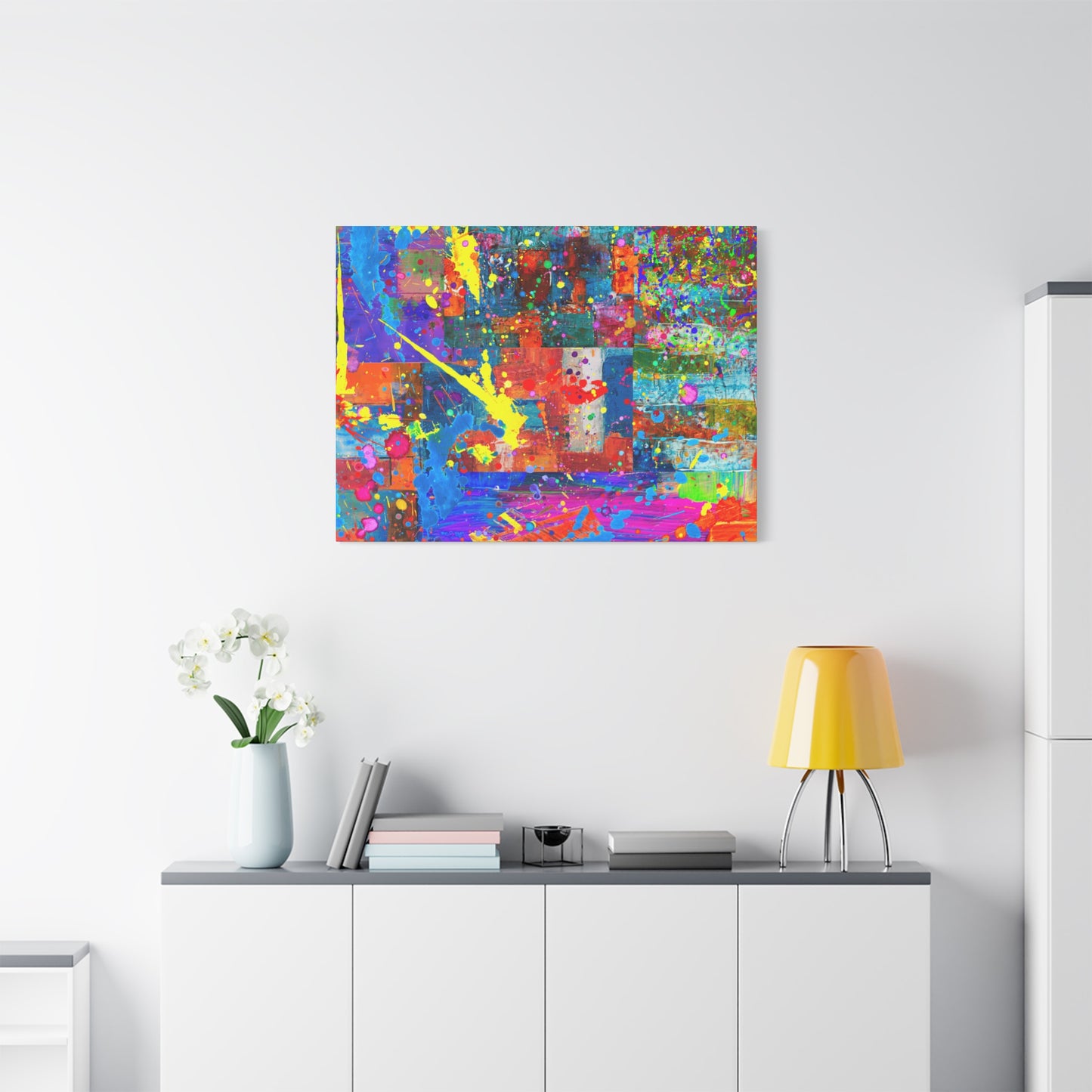 Neon Chaos Canvas Print – Abstract Patchwork Splatter Art with Bold Brushstrokes & Vivid Color Bursts