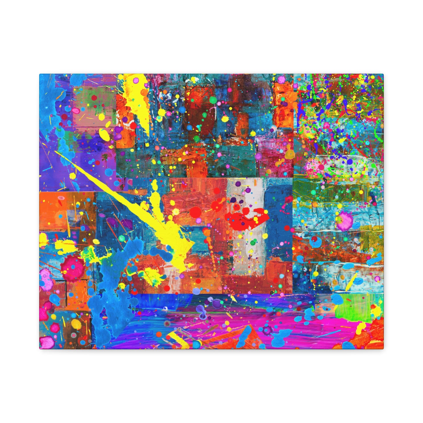Neon Chaos Canvas Print – Abstract Patchwork Splatter Art with Bold Brushstrokes & Vivid Color Bursts