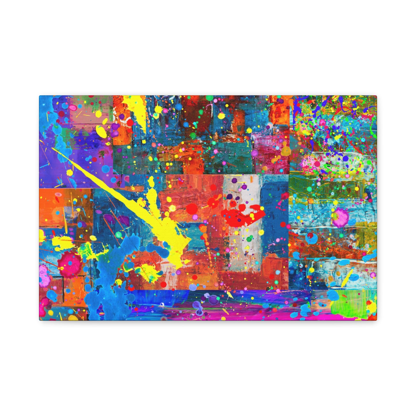 Neon Chaos Canvas Print – Abstract Patchwork Splatter Art with Bold Brushstrokes & Vivid Color Bursts