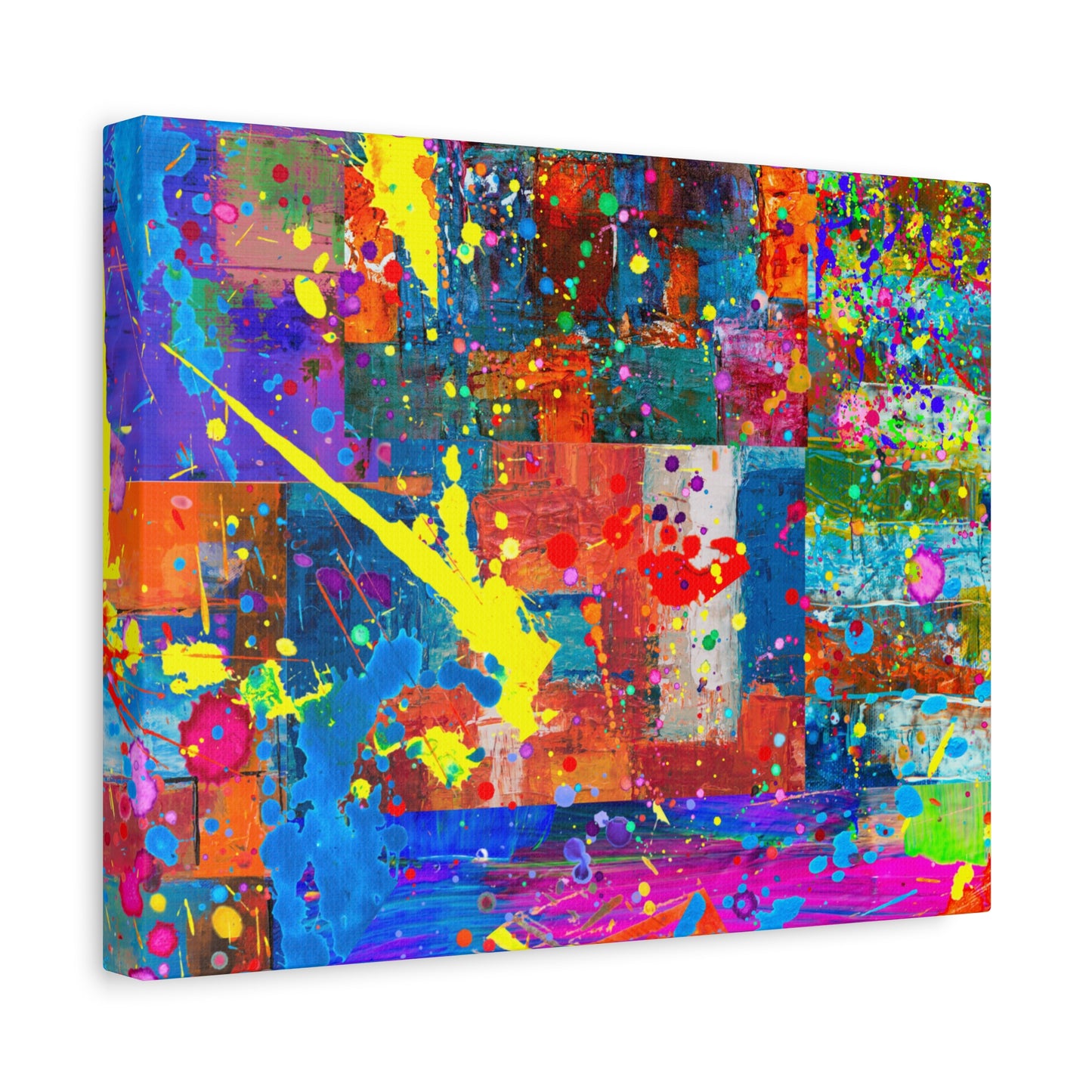Neon Chaos Canvas Print – Abstract Patchwork Splatter Art with Bold Brushstrokes & Vivid Color Bursts