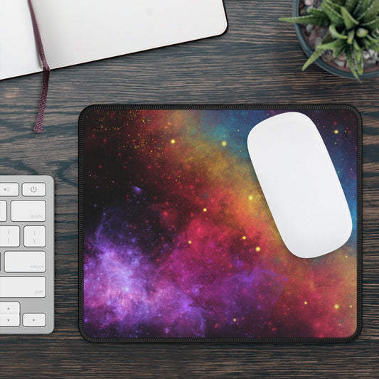 A white wireless mouse sits on the Printify Cosmic Galaxy Gaming Mouse Pad—vibrant space design and anti-slip base—next to a white keyboard, maroon-ribbon notebook, and small succulent on a dark wooden desk.