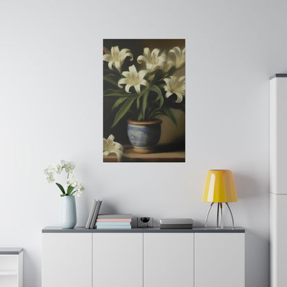 White Lily in Blue Vase Canvas Print – Elegant Botanical Wall Art for Classic Home Decor