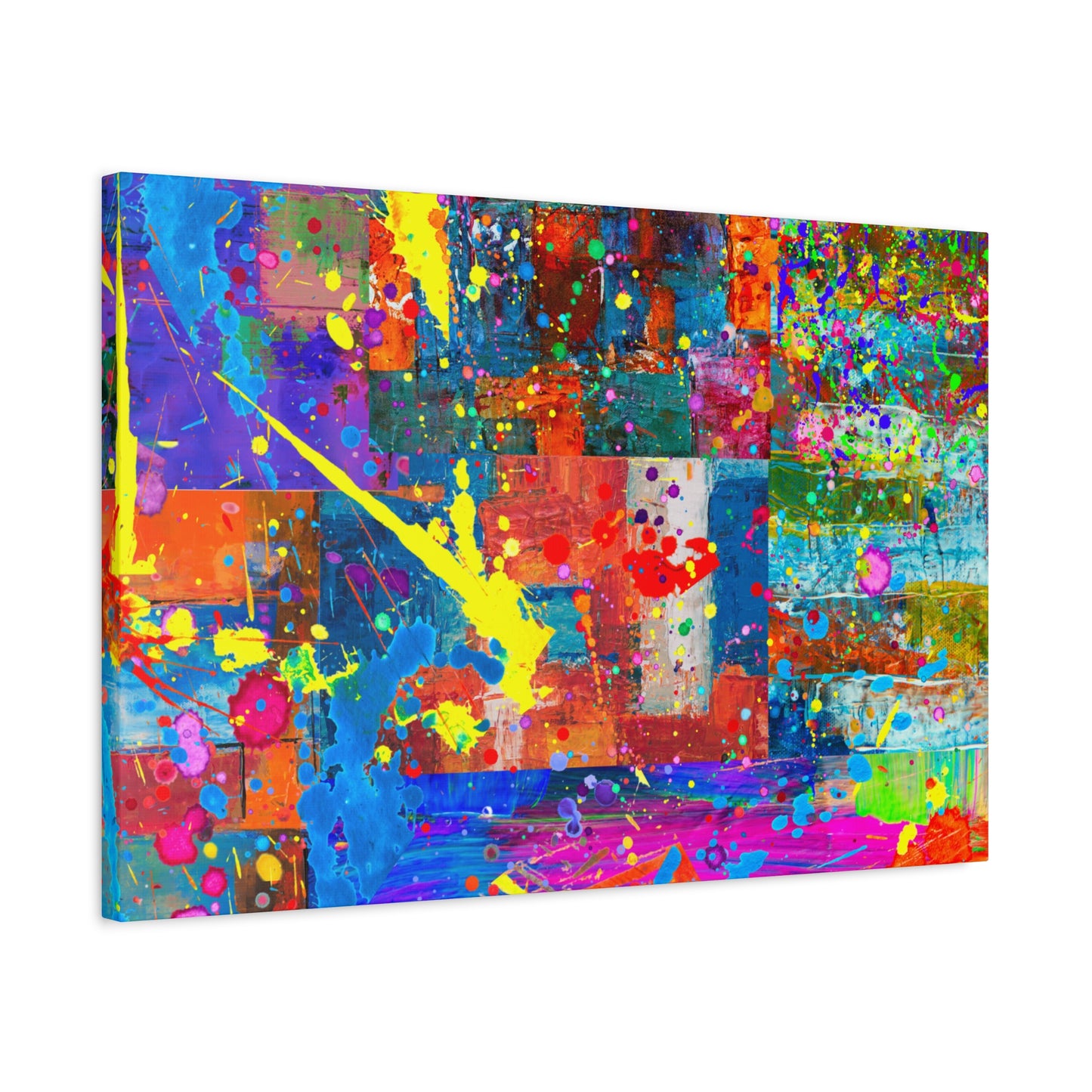 Neon Chaos Canvas Print – Abstract Patchwork Splatter Art with Bold Brushstrokes & Vivid Color Bursts