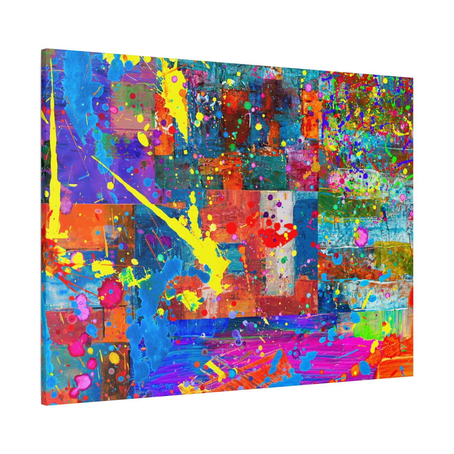 Neon Chaos Canvas Print – Abstract Patchwork Splatter Art with Bold Brushstrokes & Vivid Color Bursts
