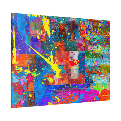 Neon Chaos Canvas Print – Abstract Patchwork Splatter Art with Bold Brushstrokes & Vivid Color Bursts
