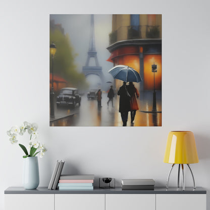 Paris Rainy Street Canvas Print – Romantic Eiffel Tower Wall Art with Umbrella Stroll Scene