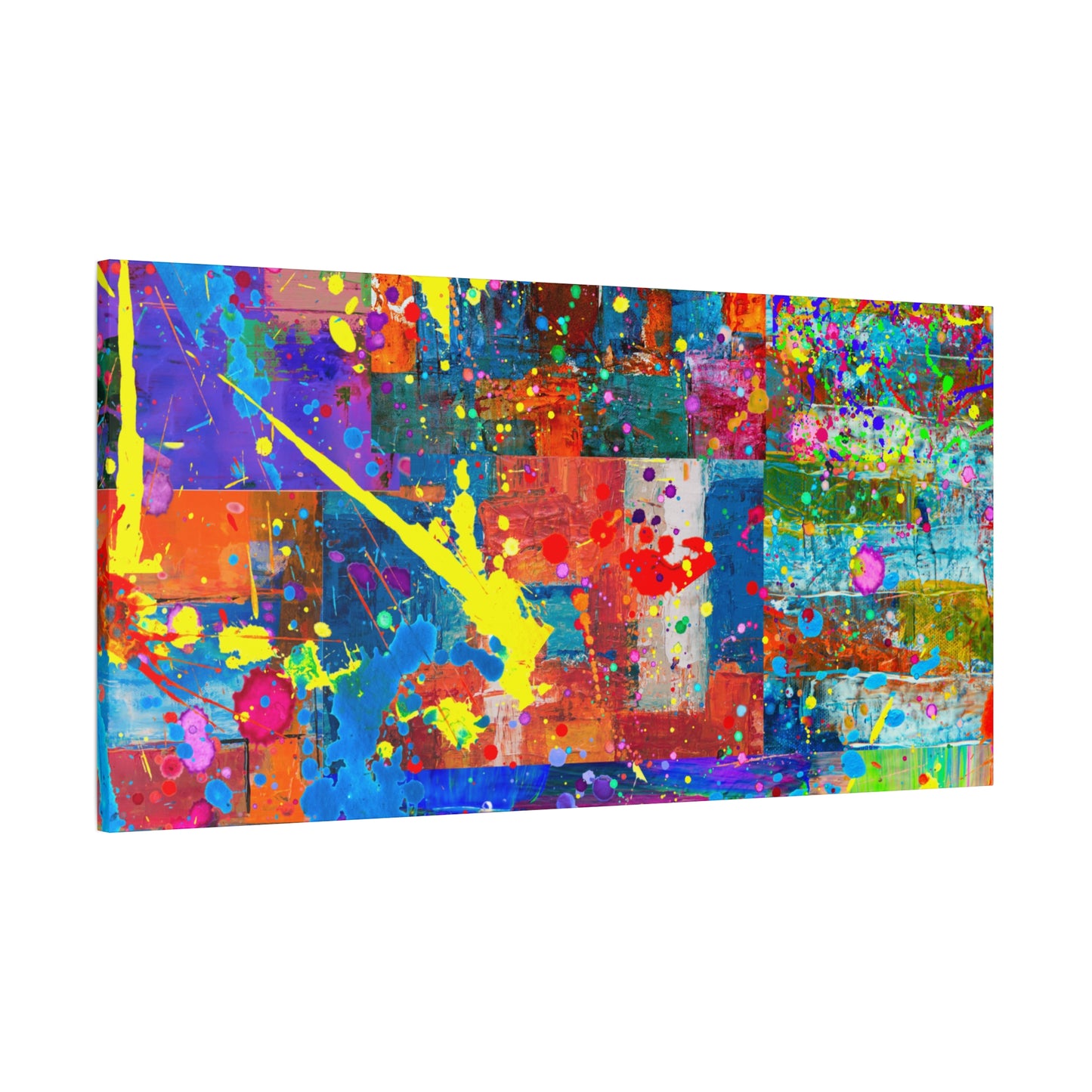 Neon Chaos Canvas Print – Abstract Patchwork Splatter Art with Bold Brushstrokes & Vivid Color Bursts