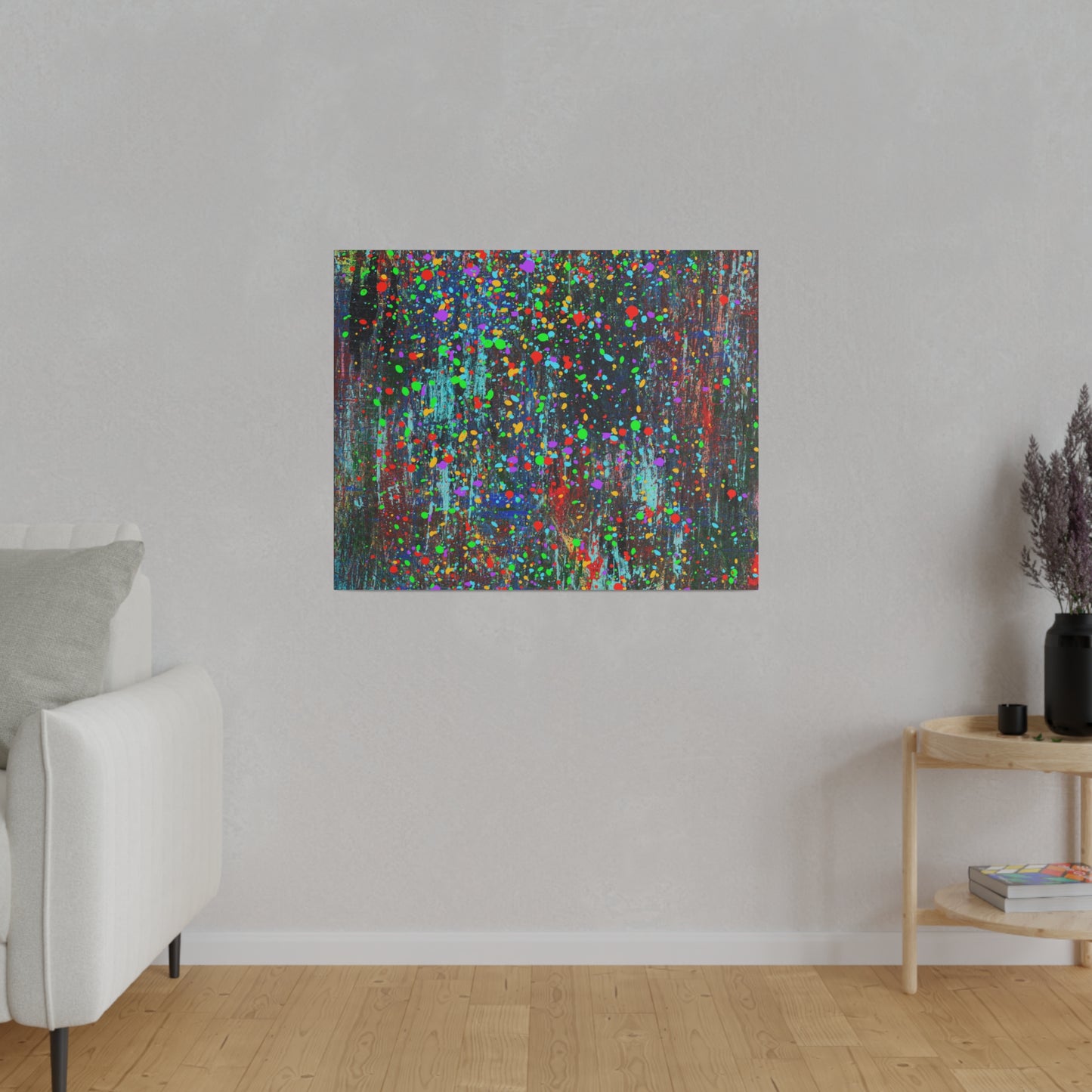 Color Drip Explosion Canvas Print  – Abstract Splatter Wall Art with Neon Paint on Dark Texture