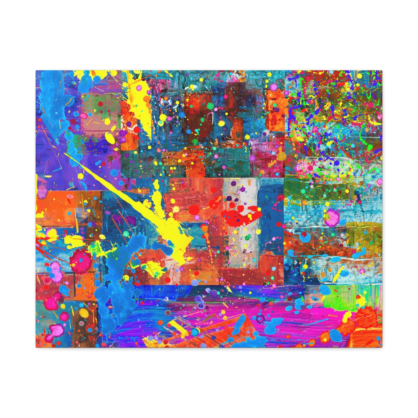 Neon Chaos Canvas Print – Abstract Patchwork Splatter Art with Bold Brushstrokes & Vivid Color Bursts