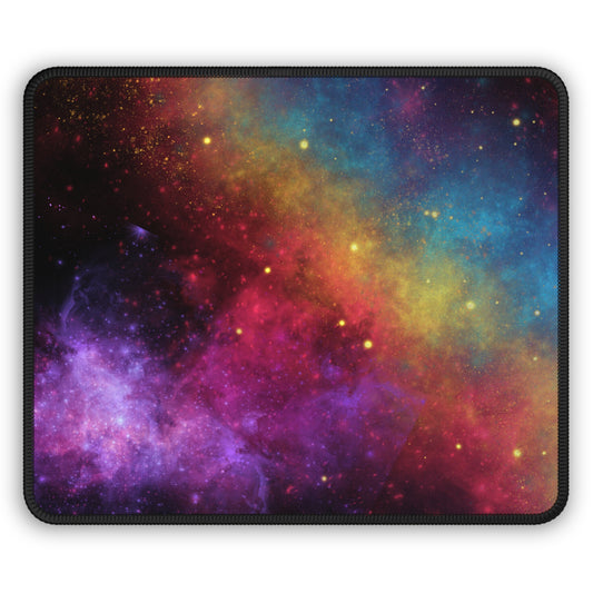 The Printify Cosmic Galaxy Gaming Mouse Pad features a vibrant space design with swirling colors and stars on a black background. Its smooth surface ensures precise control, making it perfect for gamers.