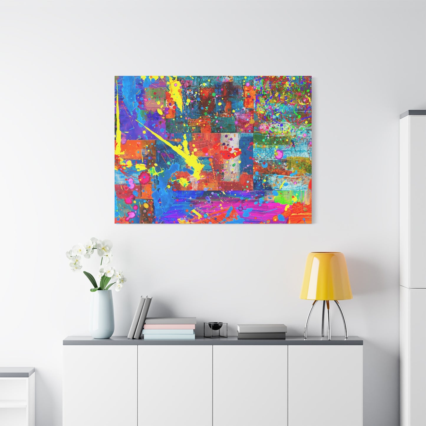 Neon Chaos Canvas Print – Abstract Patchwork Splatter Art with Bold Brushstrokes & Vivid Color Bursts