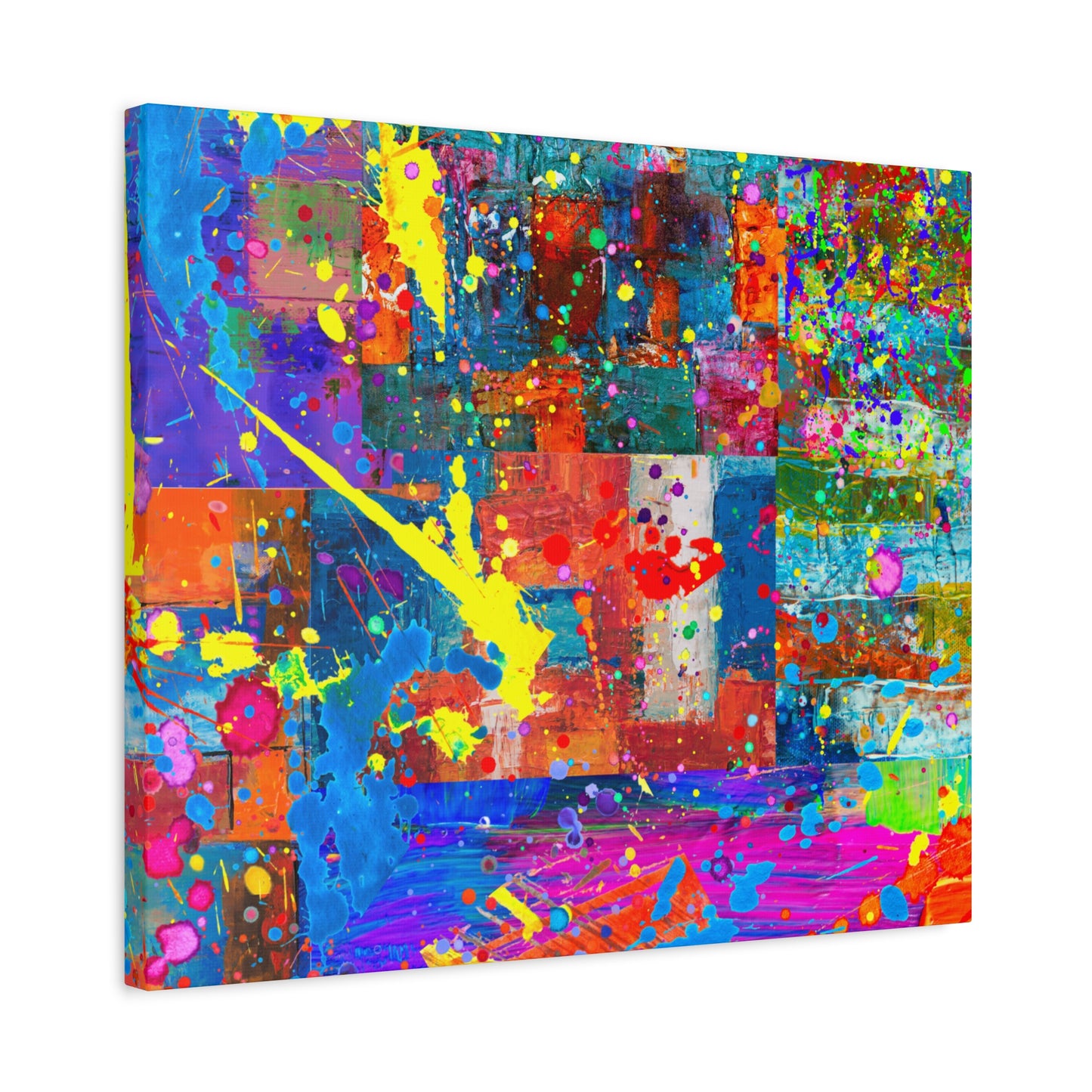 Neon Chaos Canvas Print – Abstract Patchwork Splatter Art with Bold Brushstrokes & Vivid Color Bursts