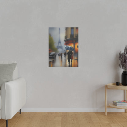 Paris Rainy Street Canvas Print – Romantic Eiffel Tower Wall Art with Umbrella Stroll Scene