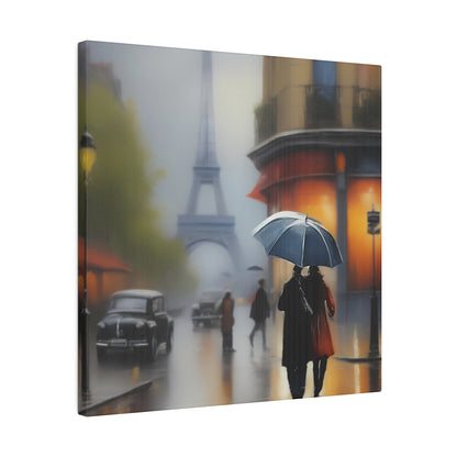 Paris Rainy Street Canvas Print – Romantic Eiffel Tower Wall Art with Umbrella Stroll Scene