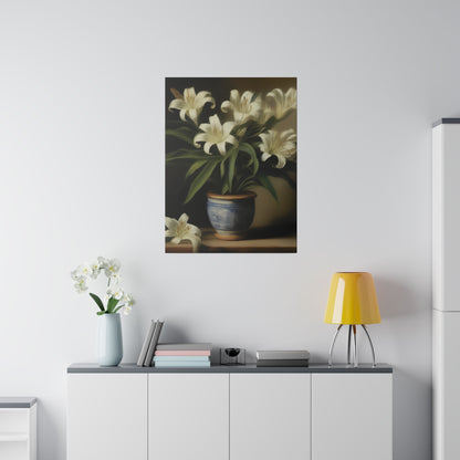 White Lily in Blue Vase Canvas Print – Elegant Botanical Wall Art for Classic Home Decor