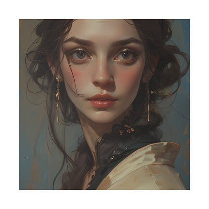 The Canvas Print | Classical Women Headshot Painting by Printify features a digital portrait of a young woman with brown eyes, rosy cheeks, long dark hair, gold earrings, and a high-collared blouse on eco-friendly canvas.