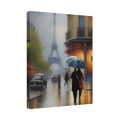Paris Rainy Street Canvas Print – Romantic Eiffel Tower Wall Art with Umbrella Stroll Scene