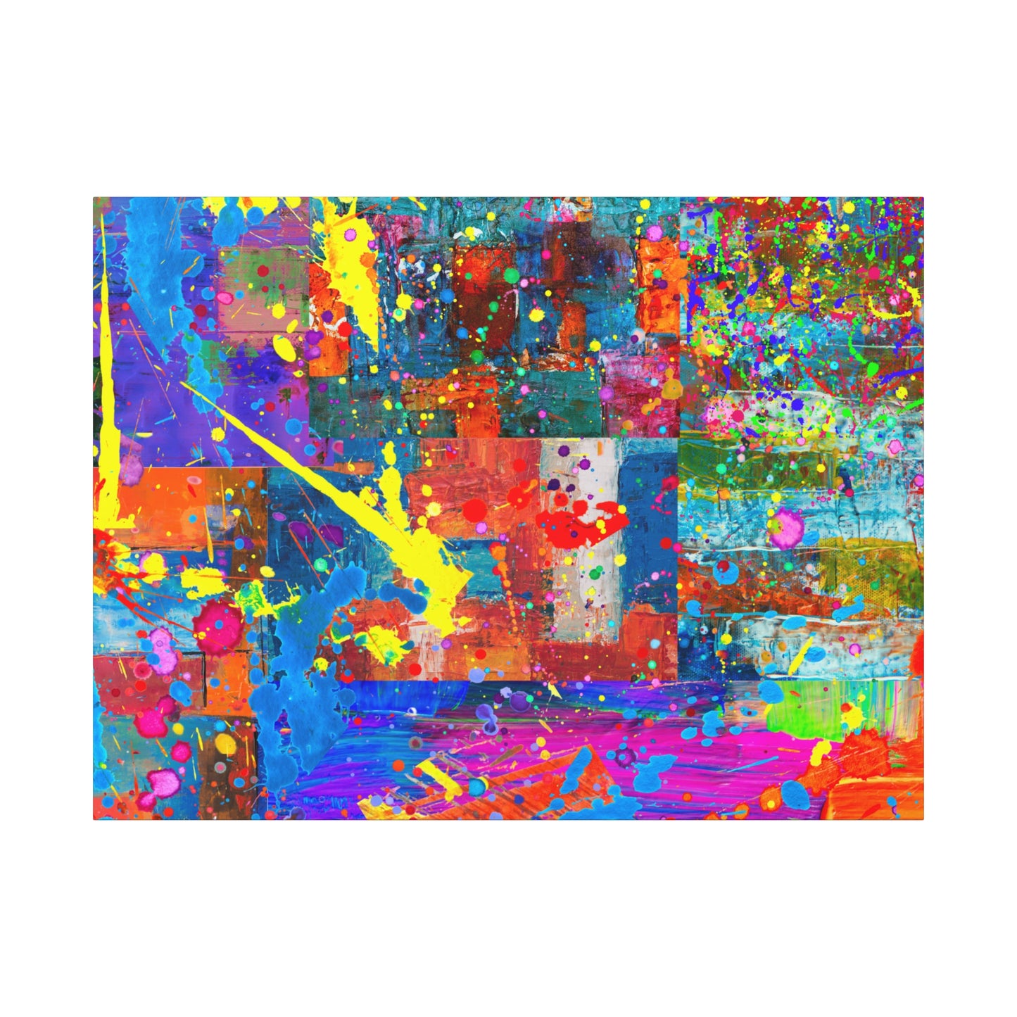 Neon Chaos Canvas Print – Abstract Patchwork Splatter Art with Bold Brushstrokes & Vivid Color Bursts
