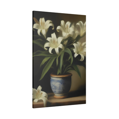 White Lily in Blue Vase Canvas Print – Elegant Botanical Wall Art for Classic Home Decor