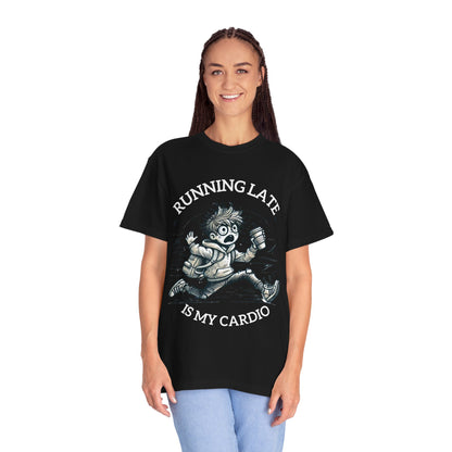 A smiling woman wears the Printify Funny Unisex T-shirt: Running Late is My Cardio, featuring a frantic runner and bold text, against a plain white background.
