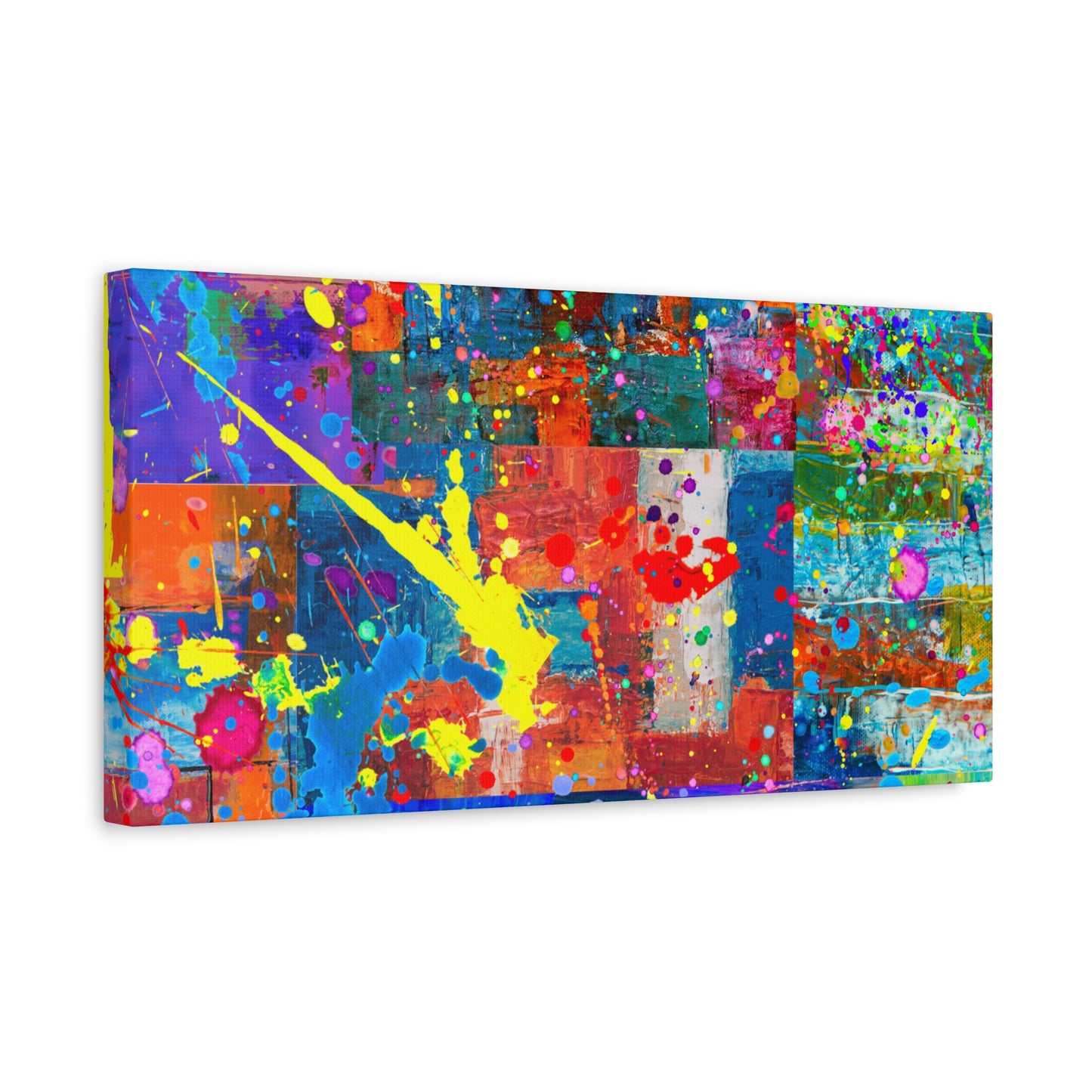 Neon Chaos Canvas Print – Abstract Patchwork Splatter Art with Bold Brushstrokes & Vivid Color Bursts