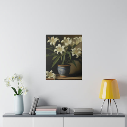 White Lily in Blue Vase Canvas Print – Elegant Botanical Wall Art for Classic Home Decor