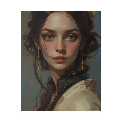 The Canvas Print | Classical Women Headshot Painting by Printify features a young woman with wavy dark hair, large brown eyes, rosy cheeks, dangling earrings, and a black lace collar against a muted background on custom artwork canvas.