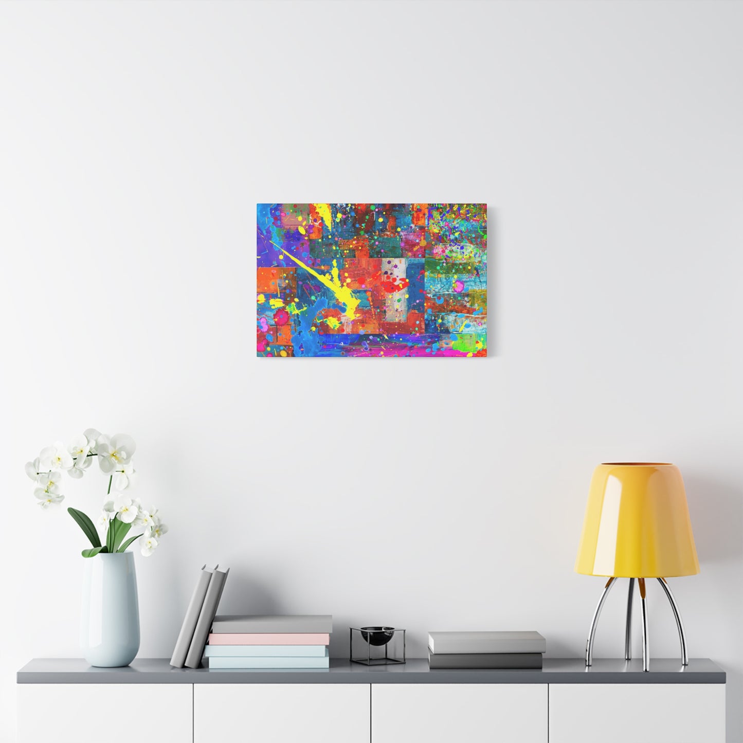 Neon Chaos Canvas Print – Abstract Patchwork Splatter Art with Bold Brushstrokes & Vivid Color Bursts