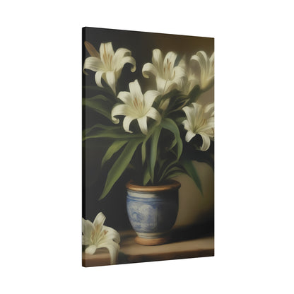 White Lily in Blue Vase Canvas Print – Elegant Botanical Wall Art for Classic Home Decor