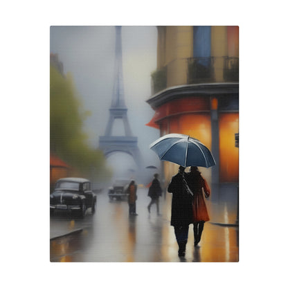 Paris Rainy Street Canvas Print – Romantic Eiffel Tower Wall Art with Umbrella Stroll Scene