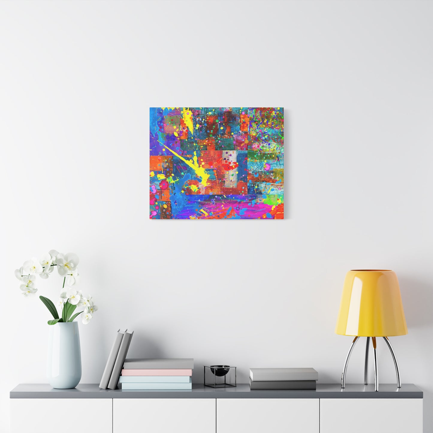 Neon Chaos Canvas Print – Abstract Patchwork Splatter Art with Bold Brushstrokes & Vivid Color Bursts