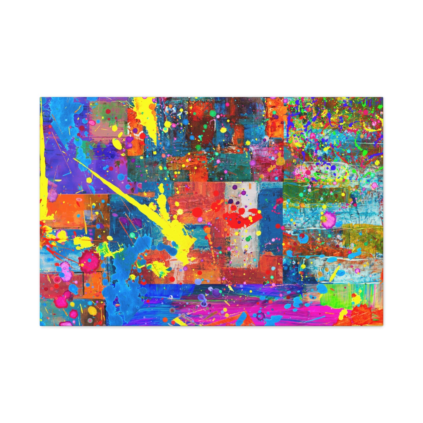 Neon Chaos Canvas Print – Abstract Patchwork Splatter Art with Bold Brushstrokes & Vivid Color Bursts