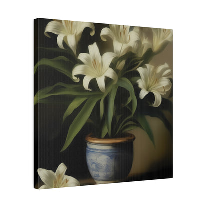 White Lily in Blue Vase Canvas Print – Elegant Botanical Wall Art for Classic Home Decor