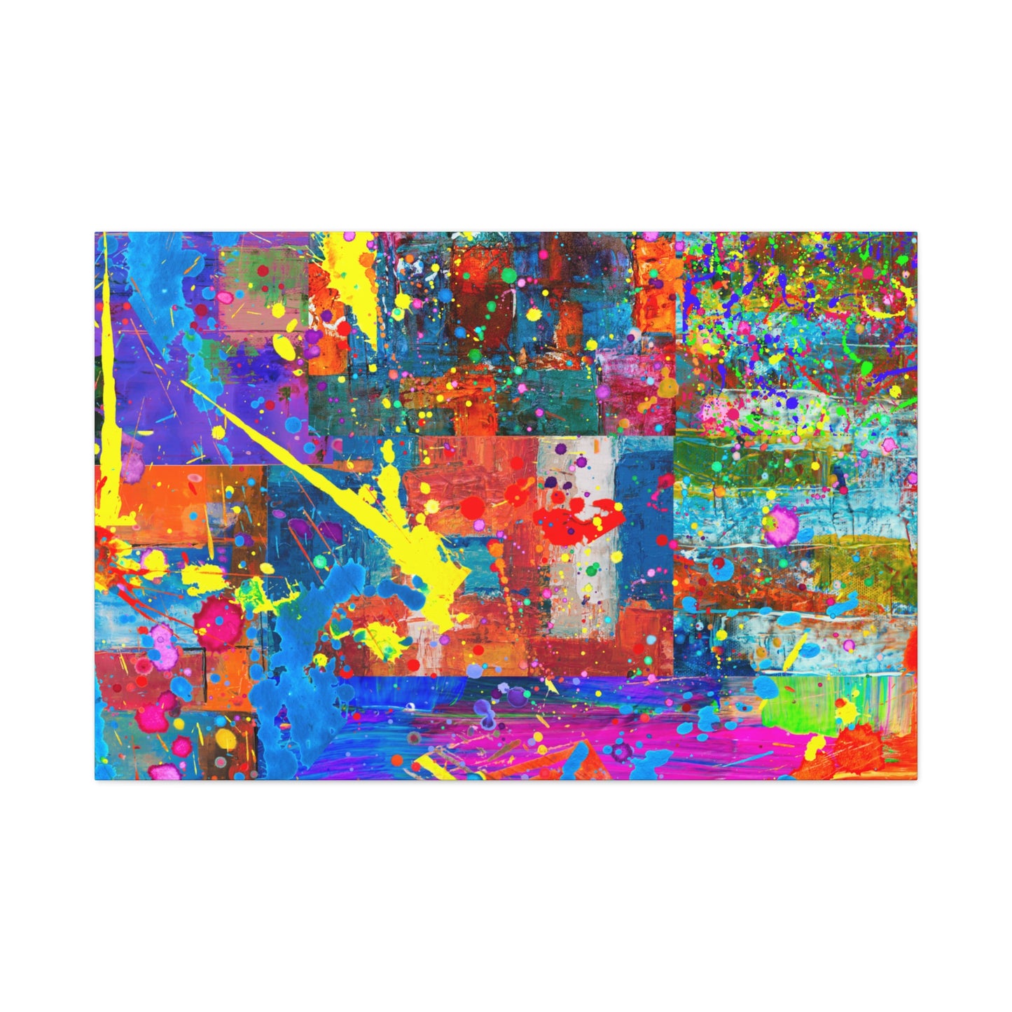 Neon Chaos Canvas Print – Abstract Patchwork Splatter Art with Bold Brushstrokes & Vivid Color Bursts