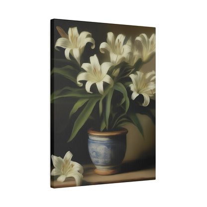 White Lily in Blue Vase Canvas Print – Elegant Botanical Wall Art for Classic Home Decor